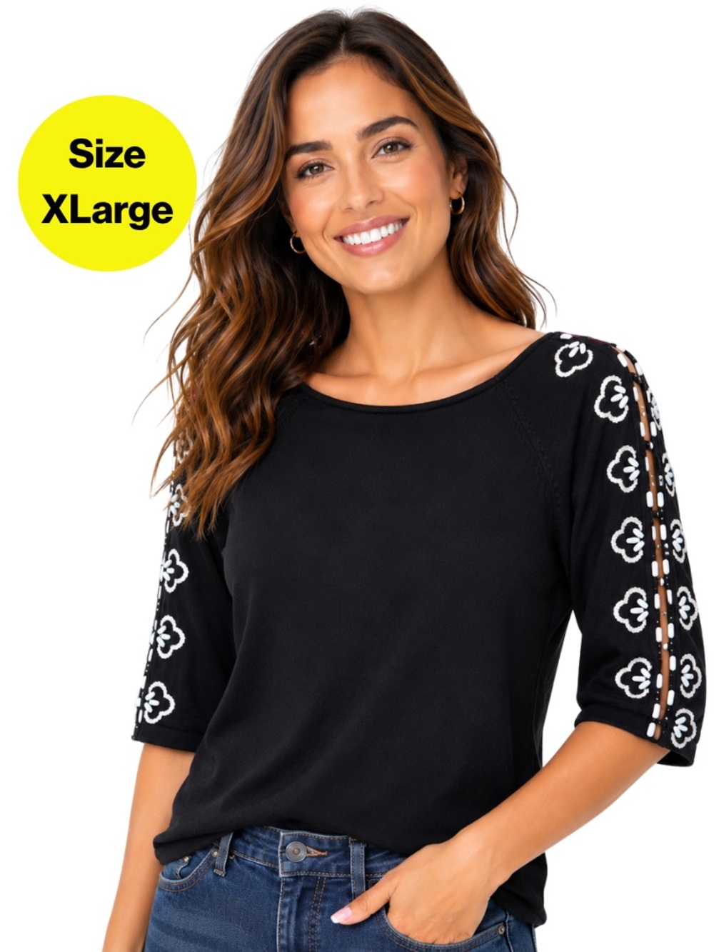 3/for $15 🍒 GABY & EDEN Women’s Black Embroidered Sleeve Split-Detail Top (XL)